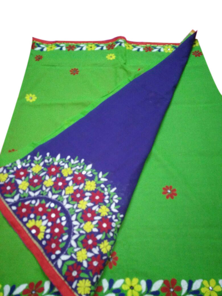 Green & Blue Design Bangladeshi Pure Cotton Kathiawari Sarees - Dailybuyys