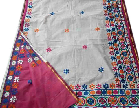 White & Pink Design Bangladeshi Pure Cotton Kathiawari Sarees