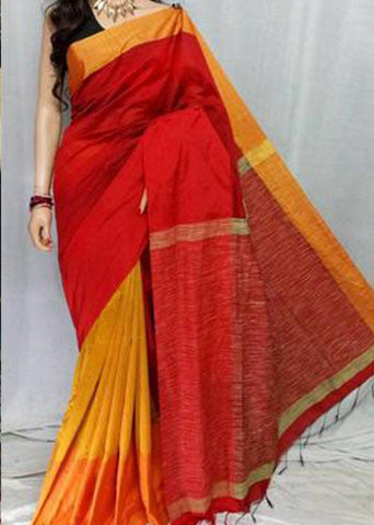 Red & Yellow Mahapar Pure Cotton Silk Sarees - Dailybuyys