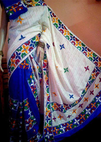 Blue & White Embroidery Applique Stitch Kathiawari Sarees - Dailybuyys