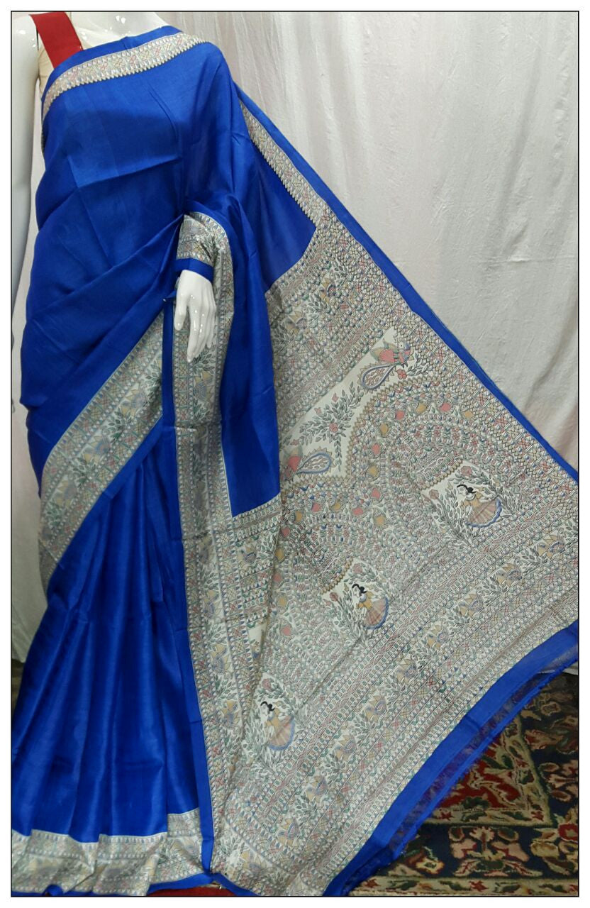 Blue Pure Silk Mark Certified Tussar Silk Madhubani Sarees - Dailybuyys