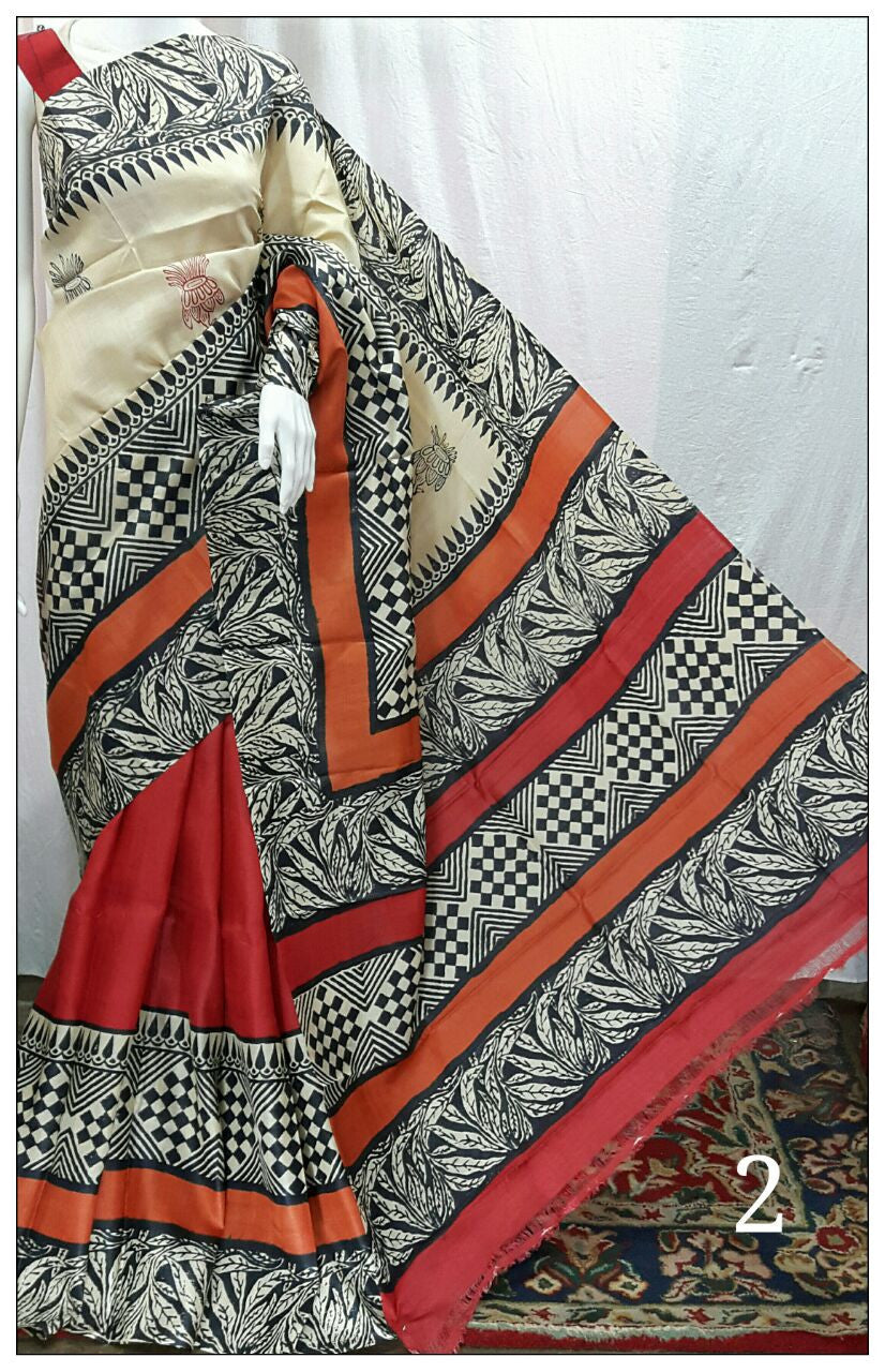 White ,Pink & Orange Zari Border Pure Silk Mark Certified Tussar Silk Sarees - Dailybuyys