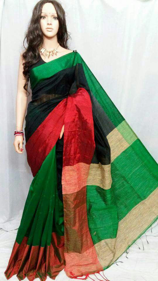 Red & Green Mahapar Pure Cotton Silk Sarees - Dailybuyys