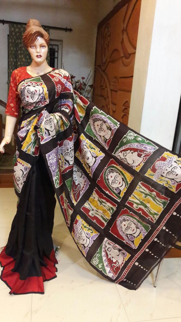 Black Mahasewari Handprint Batik Chanderi Silk Sarees - Dailybuyys