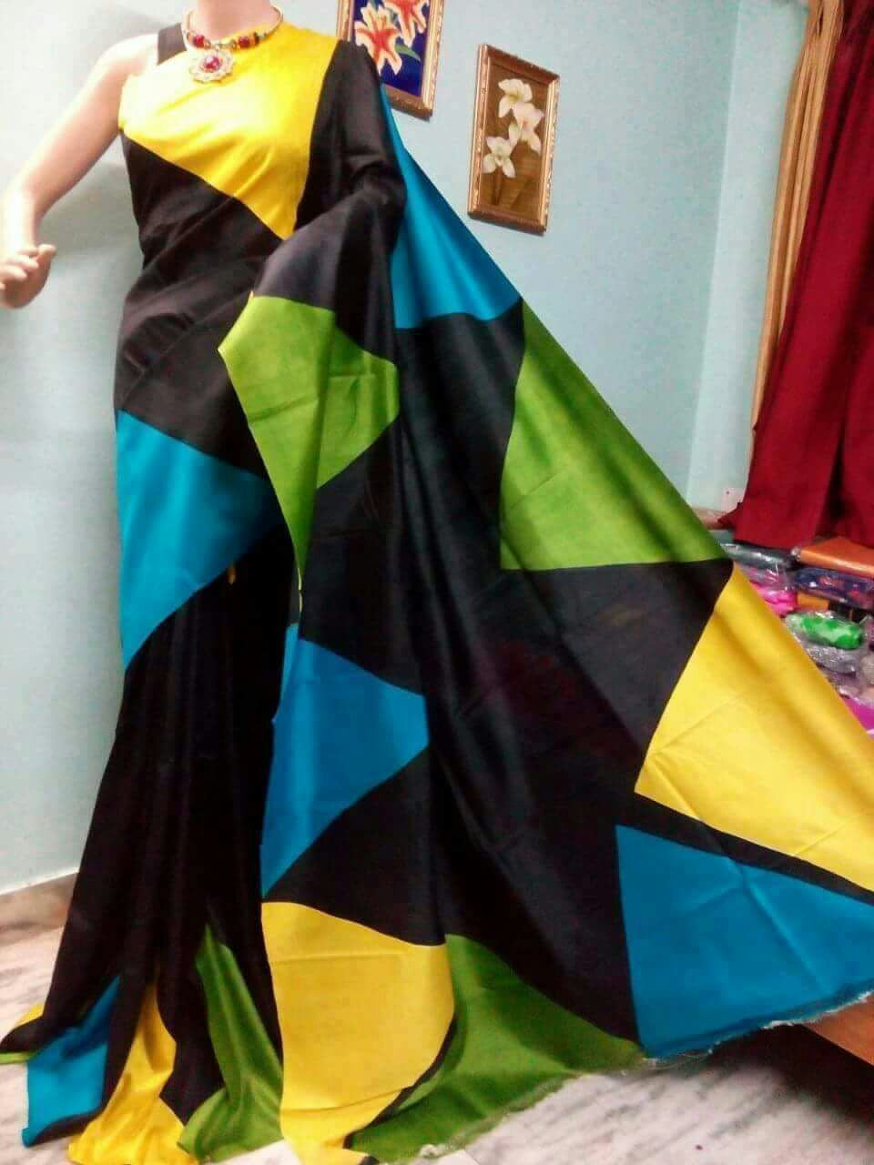 Black Pure Block Printed Silk Mark Certified Murshidabad Silk Sarees - Dailybuyys