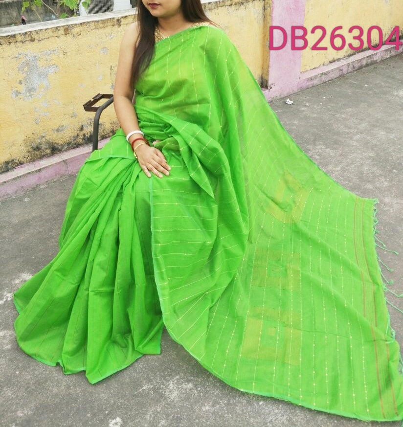 Green Pure Cotton Handloom Sarees - Dailybuyys
