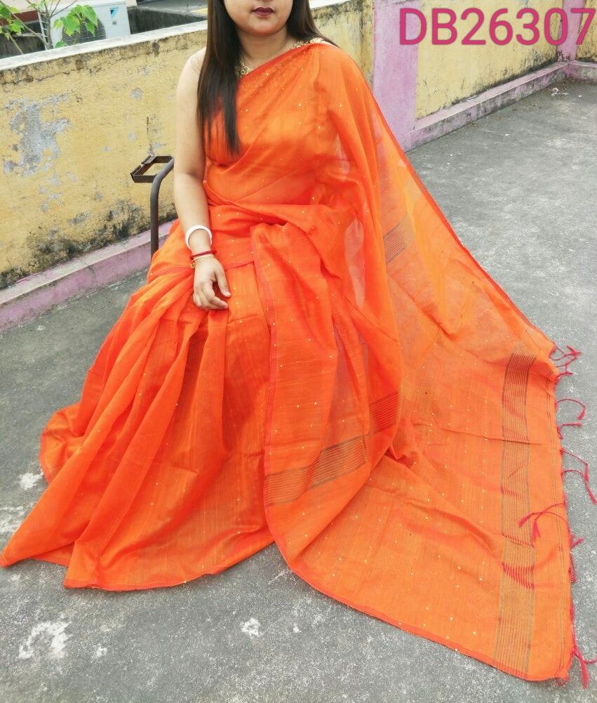 Orange Pure Cotton Handloom Sarees - Dailybuyys