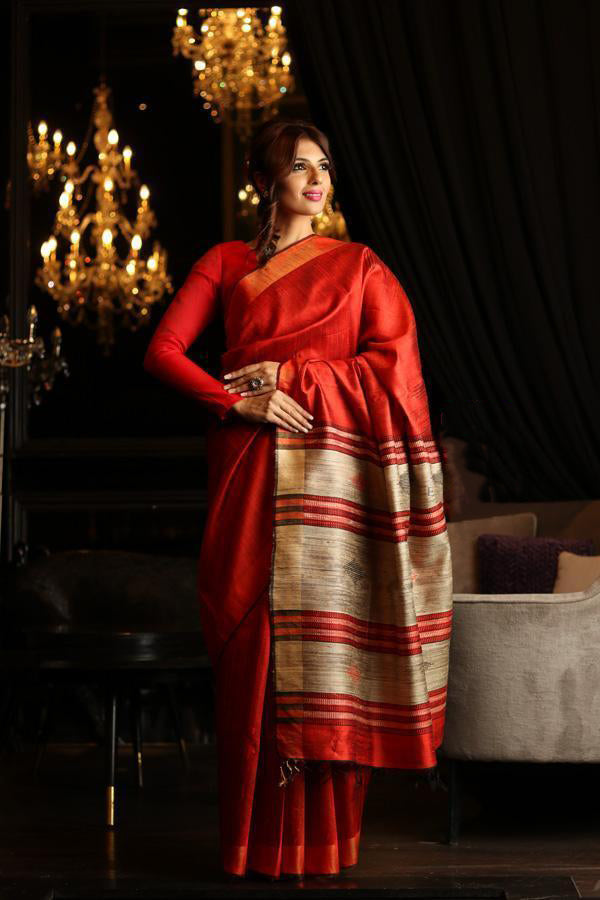 Red Handwoven Dupion Silk Sarees - Dailybuyys