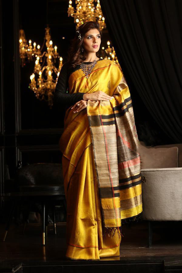 Yellow Handwoven Dupion Silk Sarees - Dailybuyys