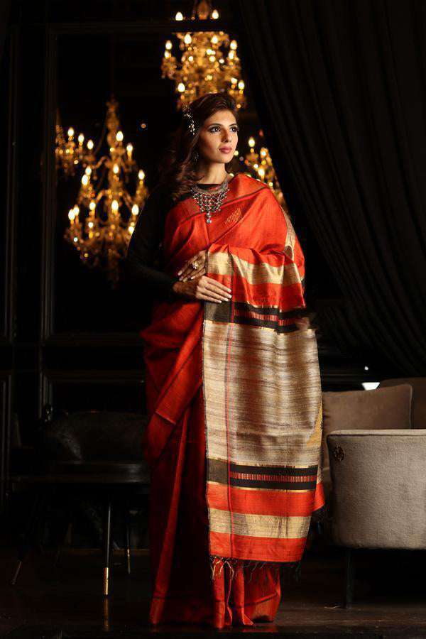 Red Handwoven Dupion Silk Sarees - Dailybuyys