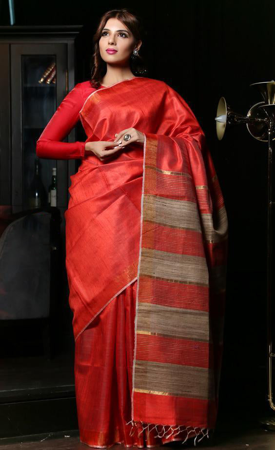 Red Handwoven Dupion Silk Sarees - Dailybuyys