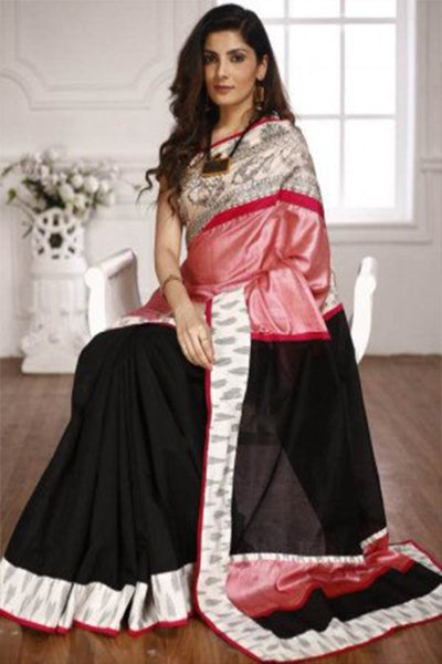 Black Pink Pure Silk Mark Certified Tussar Silk Madhubani Sarees - Dailybuyys