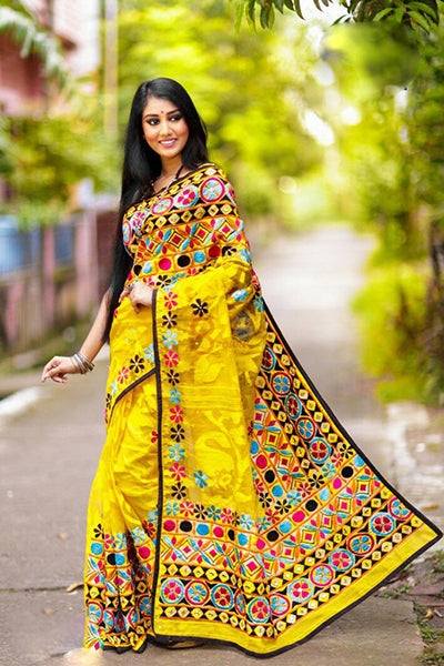 Yellow Jamdani Kathiawari Sarees - Dailybuyys