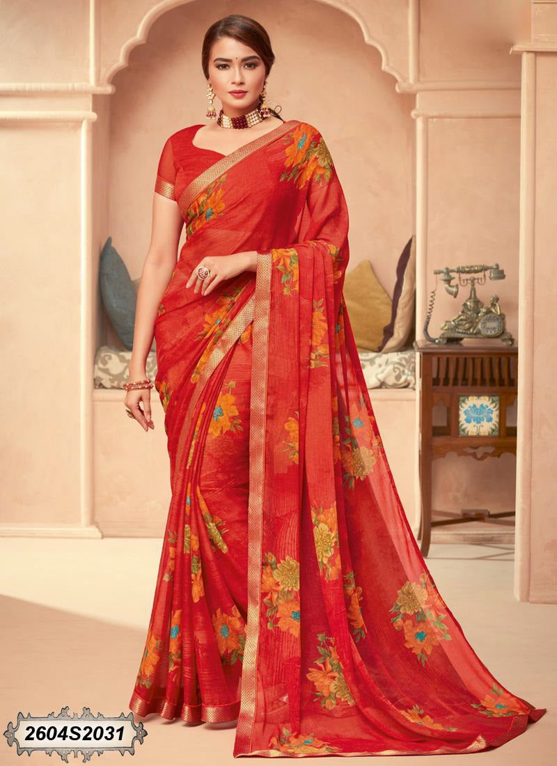 Red Floral printed Georgette Sarees - Dailybuyys