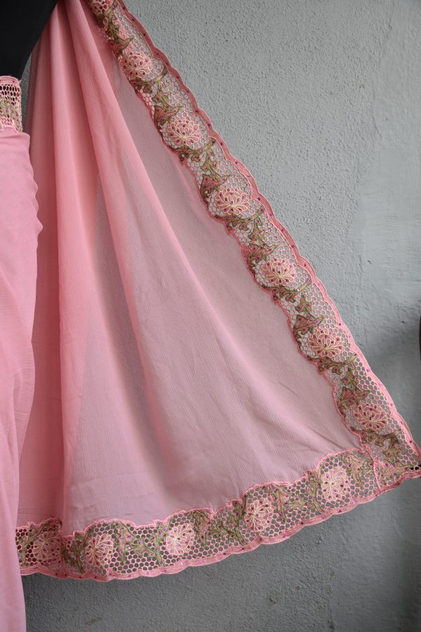 Pink Cut Work Pure Silk Mark Certified Tussar Silk Sarees - Dailybuyys