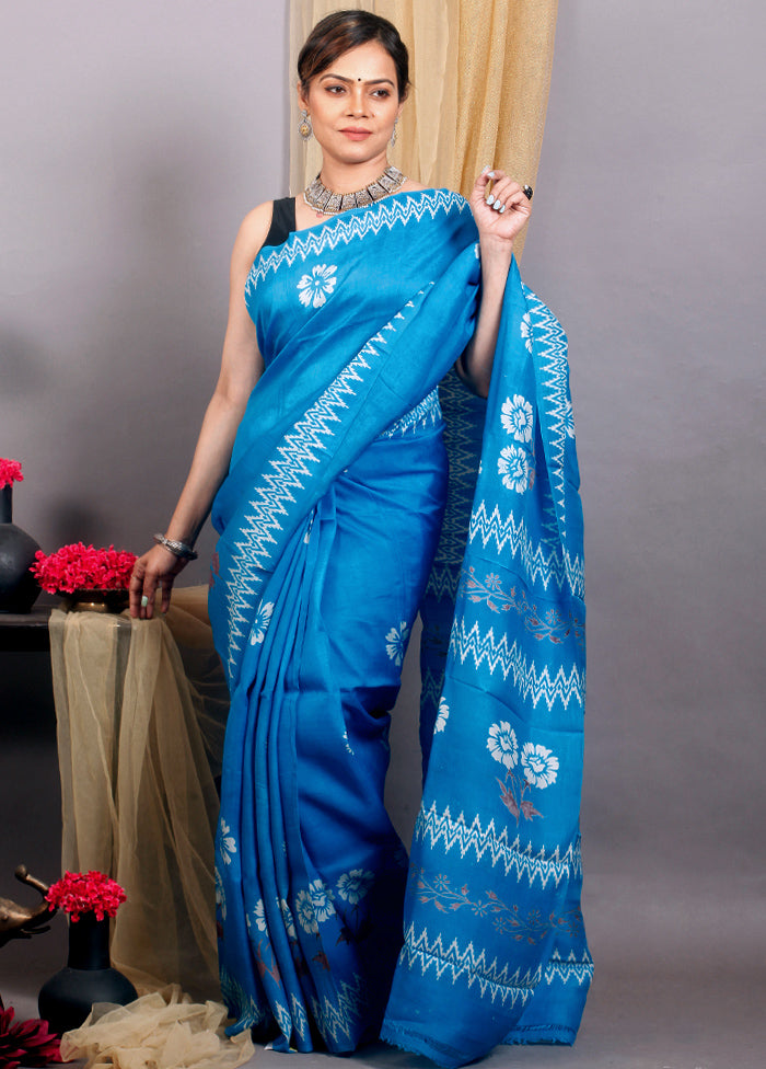 Blue Block Print Silk Mark Certified Bishnupuri Silk Sarees - Dailybuyys