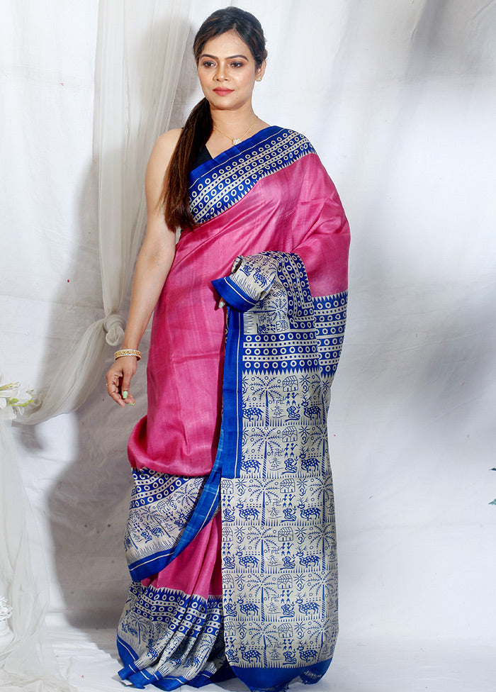 Pink Block Print Silk Mark Certified Bishnupuri Silk Sarees - Dailybuyys