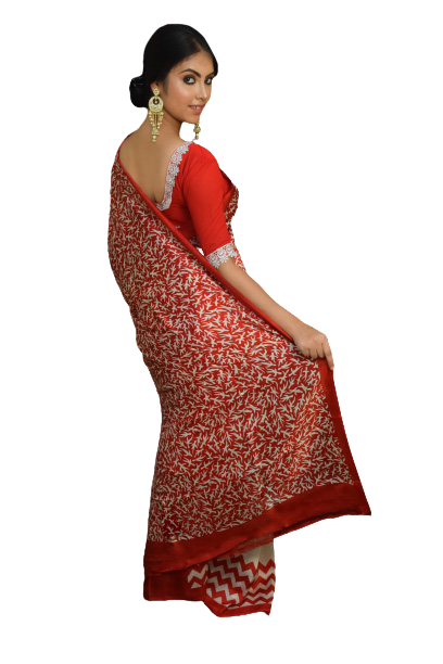 White & Red Contrast Block Printed Pure Silk Mark Certified Bishnupuri Silk Sarees - Dailybuyys