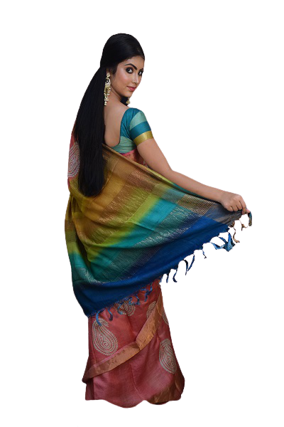 Light Pink Block Printed Zari Border Gachi Pure Silk Mark Certified Tussar Silk Sarees - Dailybuyys