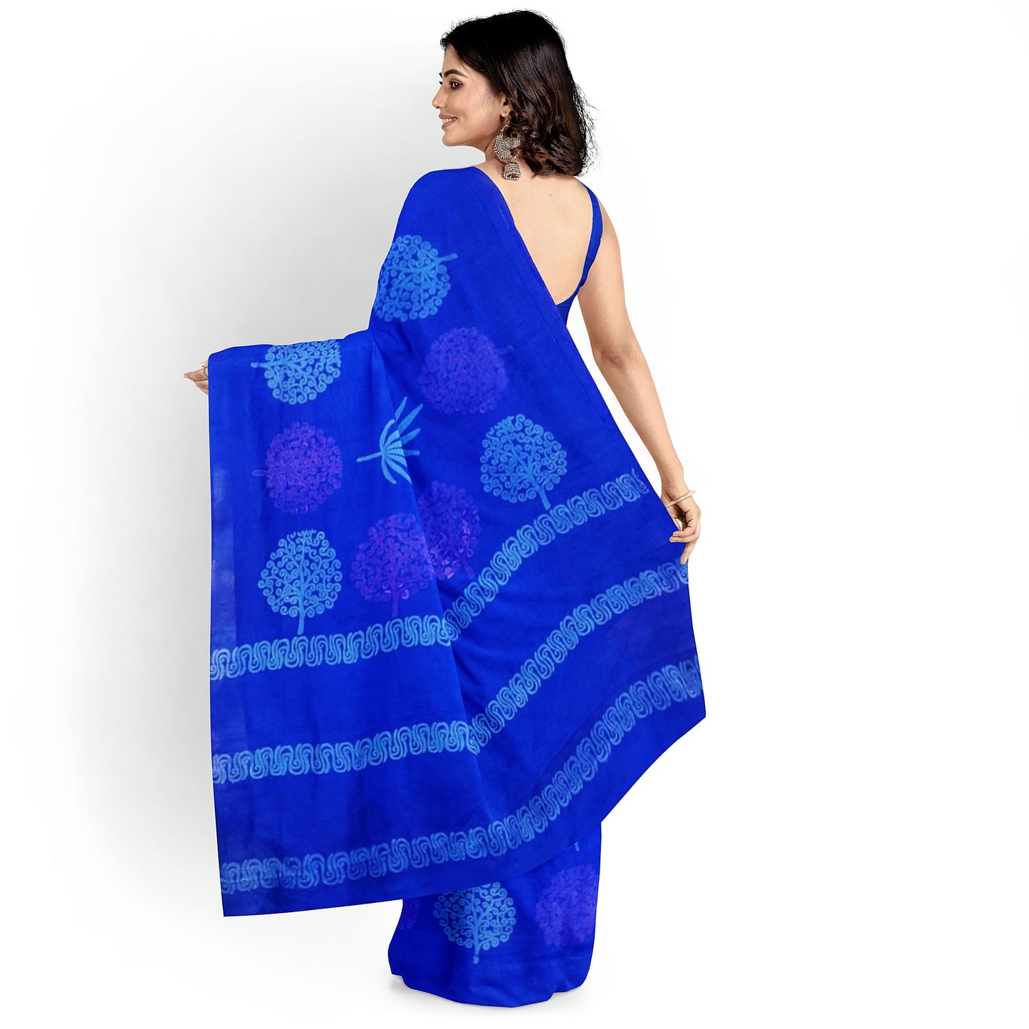 Cobalt Blue Block printed Pure Silk Mark Certified Bishnupuri Silk Sarees - Dailybuyys