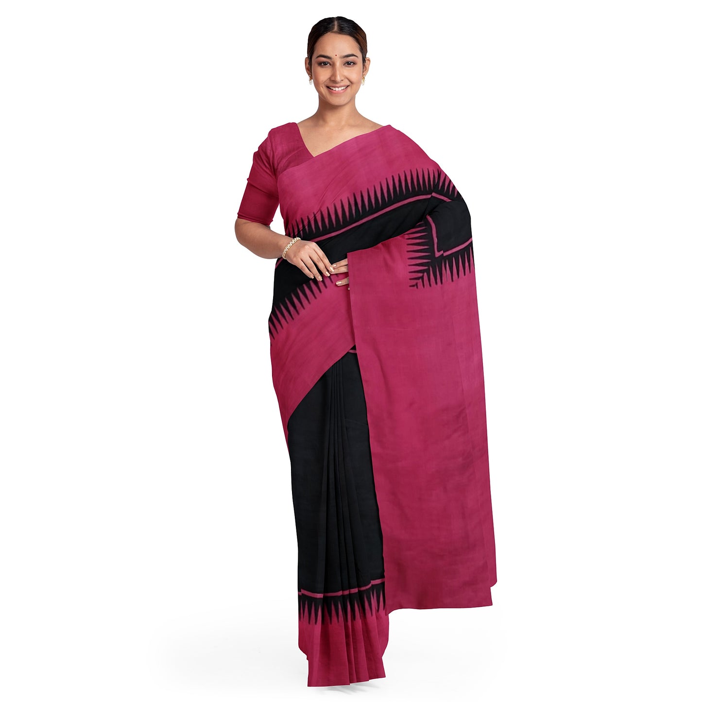 Pink and Black Block printed Pure Silk Mark Certified Bishnupuri Silk Sarees - Dailybuyys