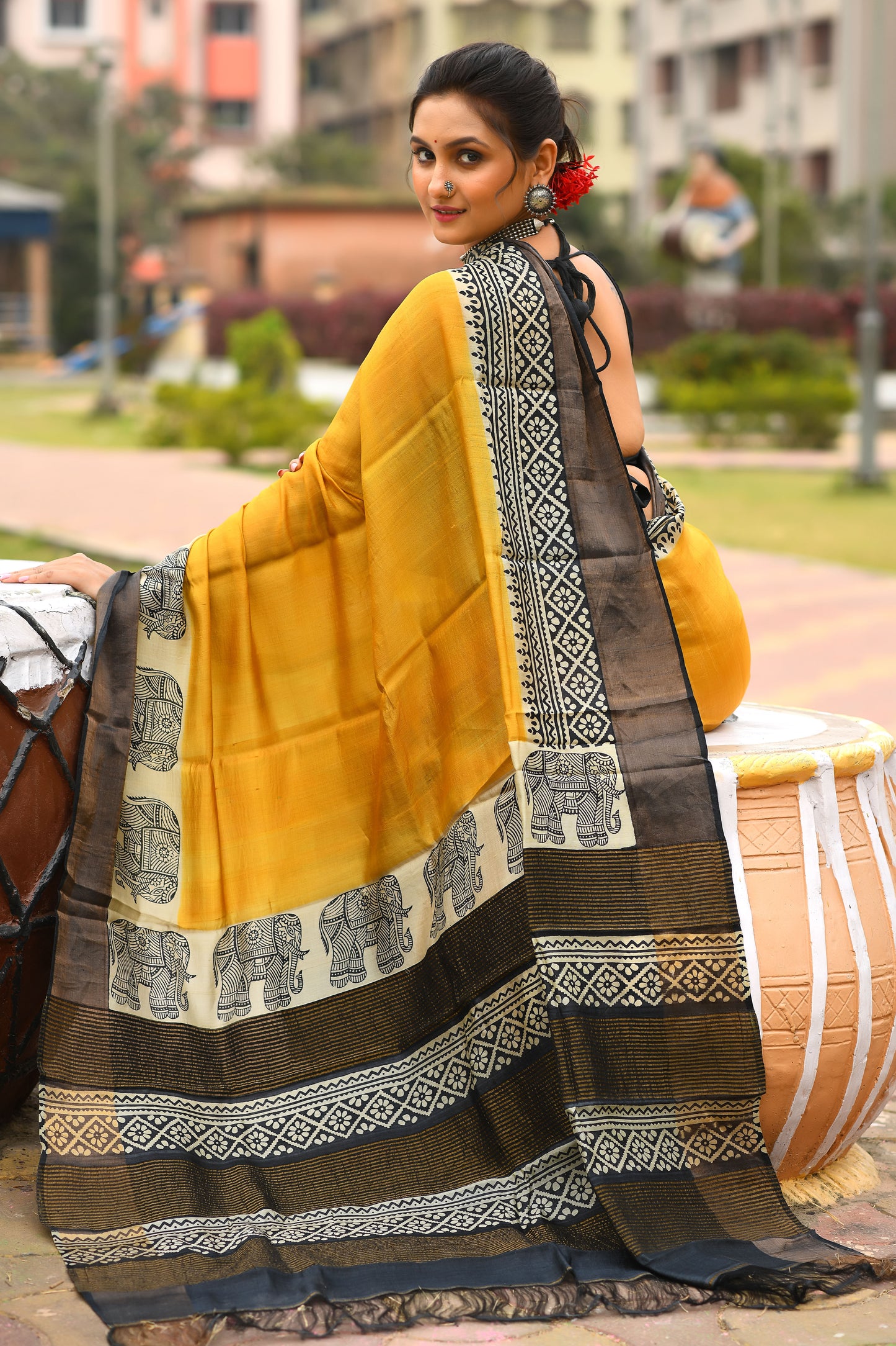 Hand Painted Zari Border Pure Silk Mark Certified Tussar Silk Sarees - Dailybuyys