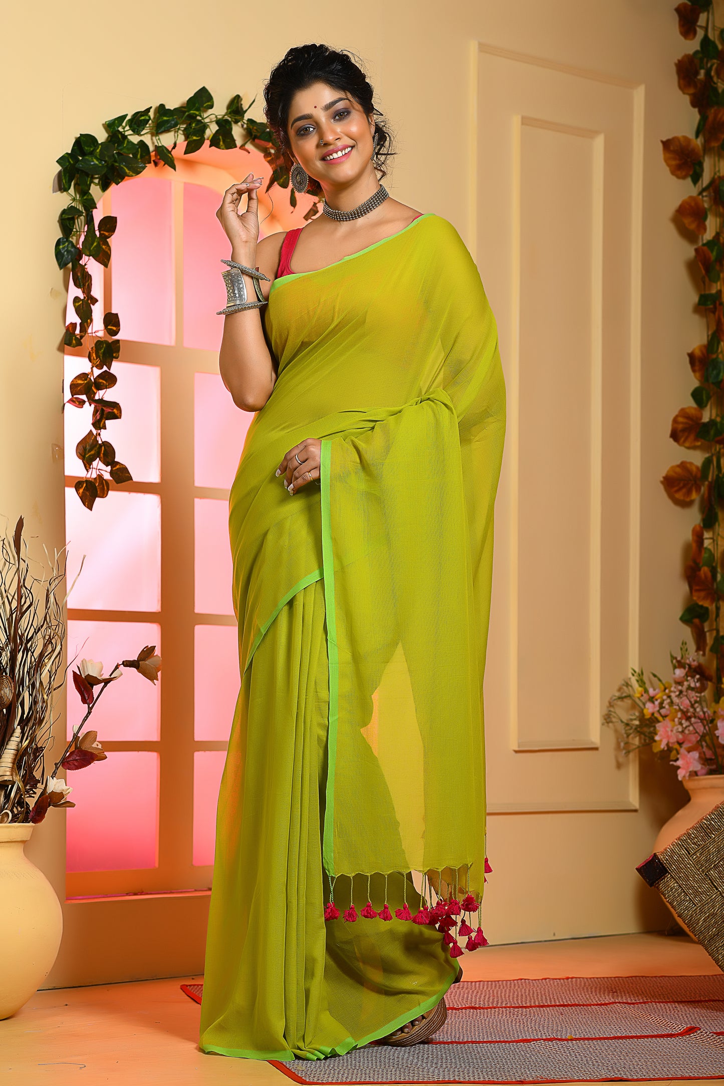 Light Green Solid Color Handloom Khadi Cotton Sarees - Dailybuyys
