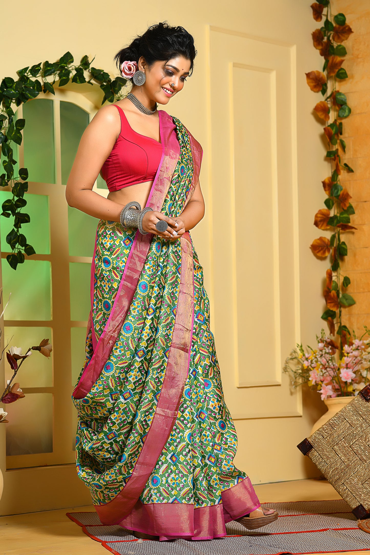 Green Patola Block Printed Zari Pure Silk Mark Certified Tussar Silk Sarees - Dailybuyys