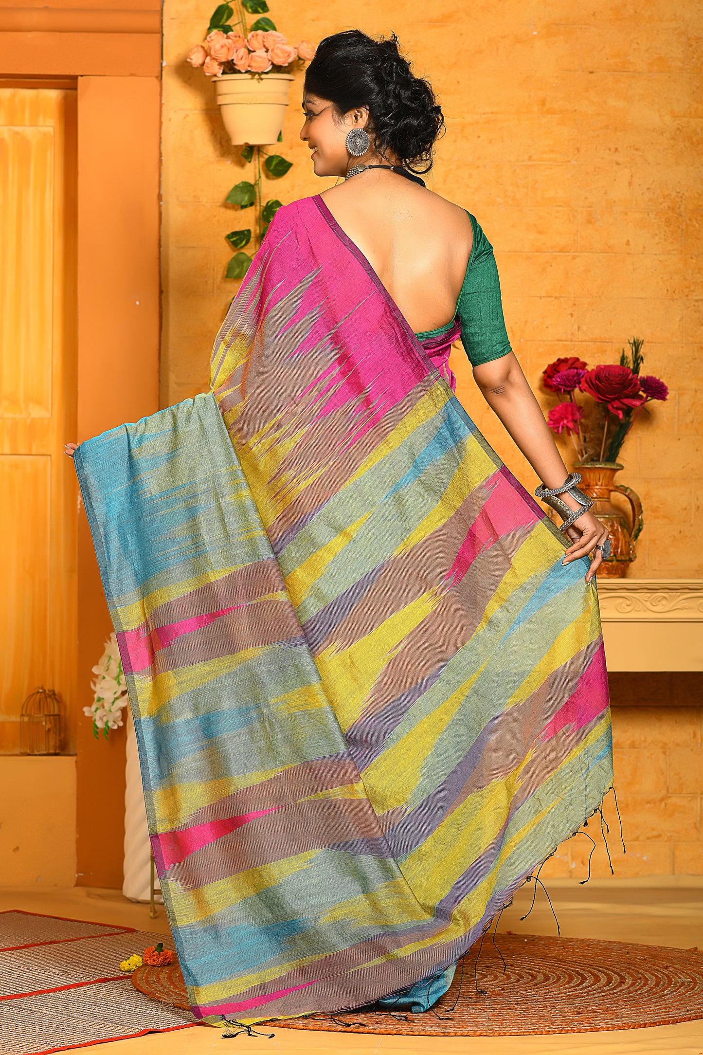 Multi Color Sequins Handloom Ikkat Cotton Saree - Dailybuyys