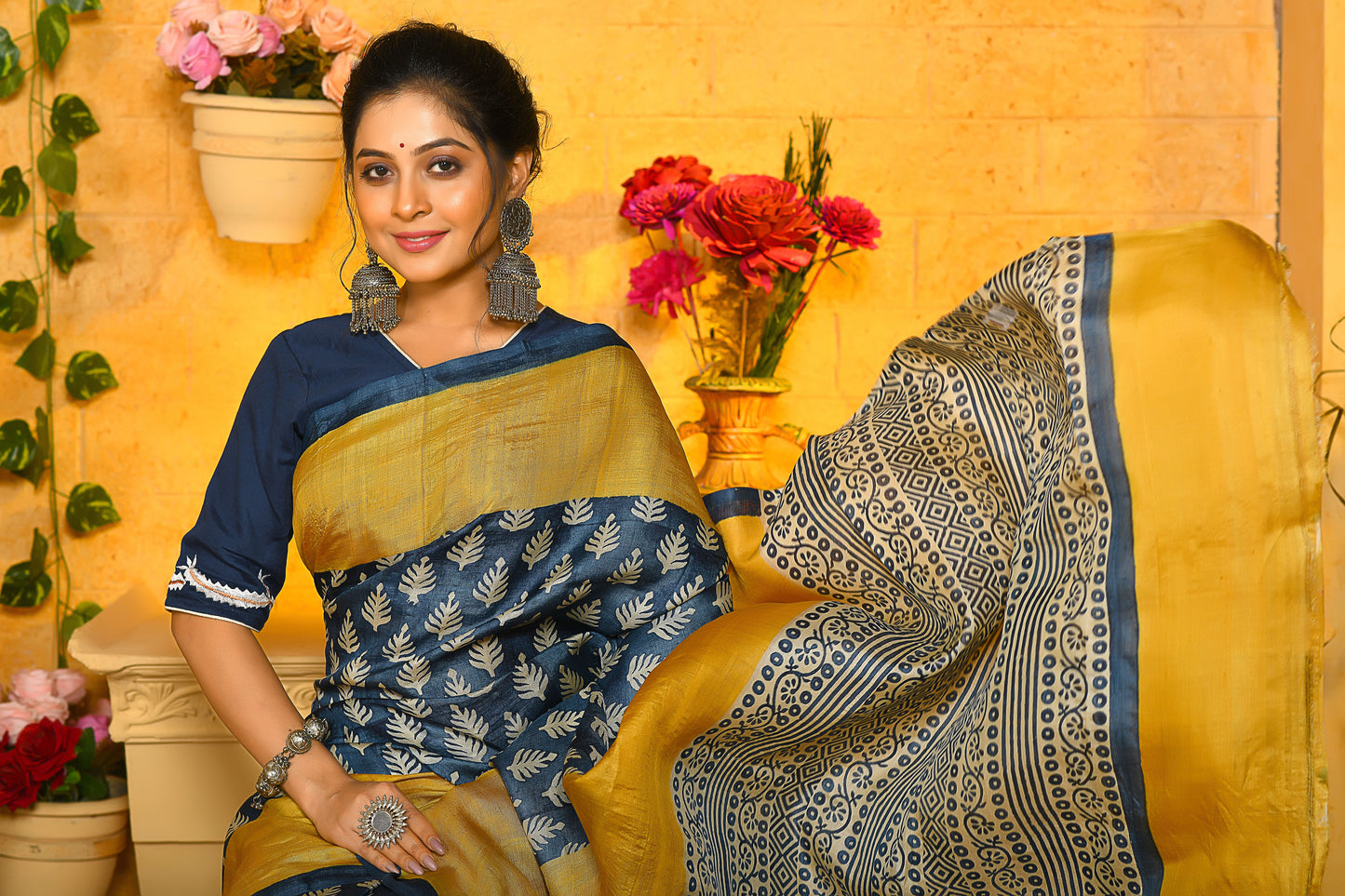 Mustard Yellow Block Printed Pure Silk Mark Certified Tussar Silk Sarees - Dailybuyys