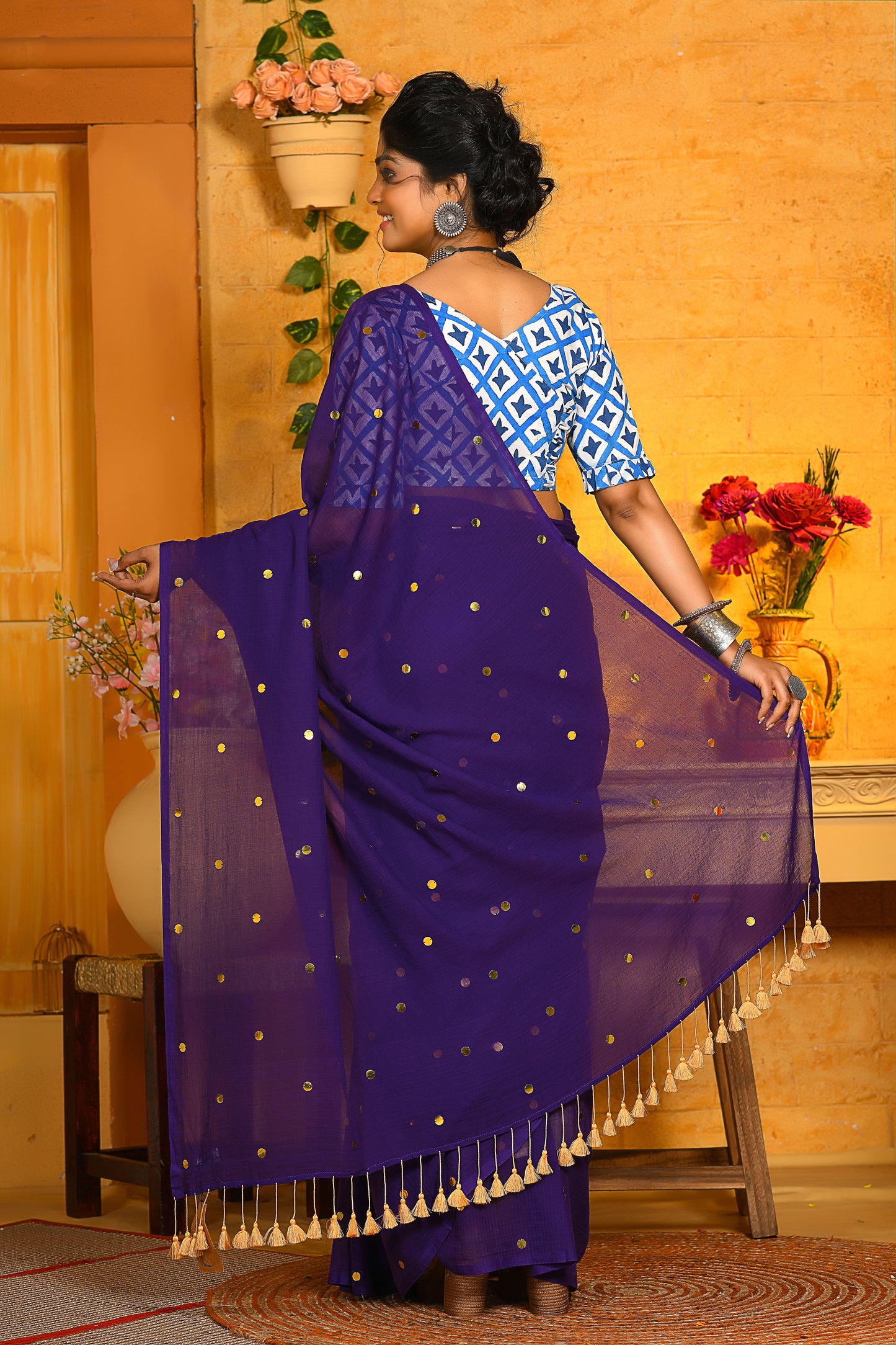 Purple Solid Color Sequins Handloom Khadi Cotton Saree - Dailybuyys