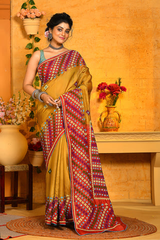 Mustard Yellow With Red Color Combination Mirror Work Kantha Stitch Sarees