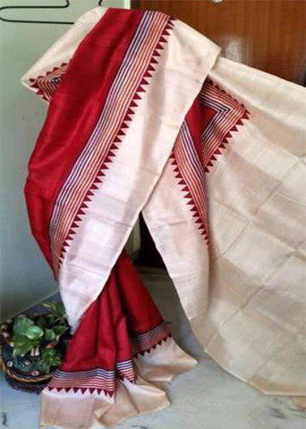 Red White Pure Silk Mark Certified Block Printed Murshidabad Silk Sarees - Dailybuyys
