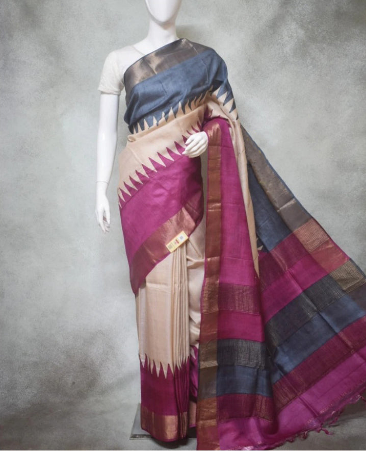 Beige Grey Block Printed Zari Border Pure Silk Mark Certified Tussar Silk Sarees - Dailybuyys