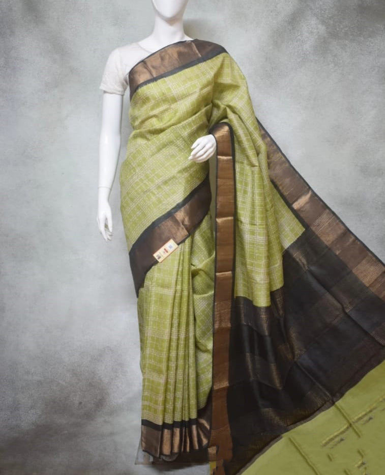 Green Printed Zari Border Pure Silk Mark Certified Tussar Silk Sarees - Dailybuyys