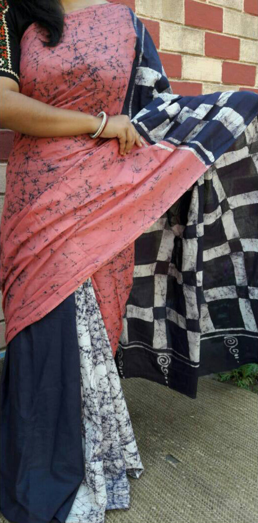 Pink Grey Mulmul Batik Sarees - Dailybuyys