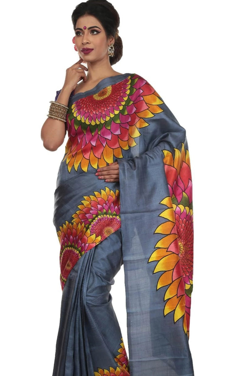 Grey Hand Painted Plain Pure Silk Mark Certified Tussar Silk Sarees - Dailybuyys