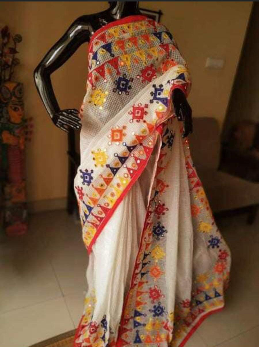 Beige Bangladeshi Pure Cotton Kathiawari Sarees - Dailybuyys