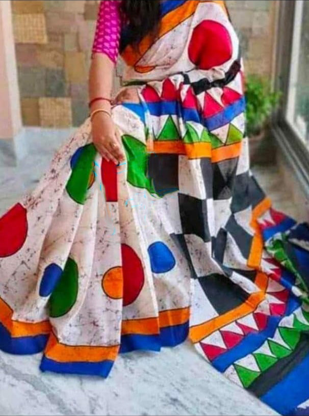 Beige Multi Color Pure Pure Cotton Mulmul Sarees - Dailybuyys