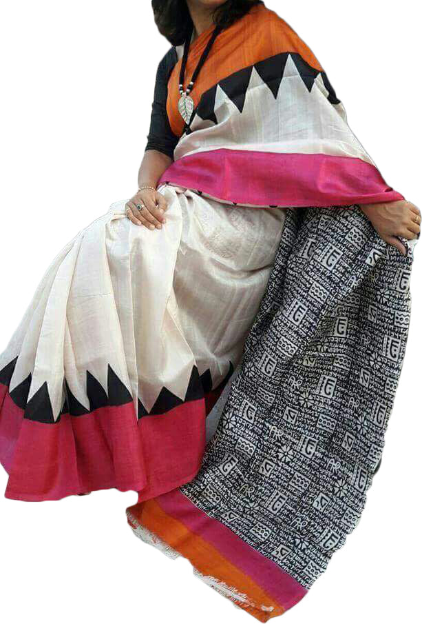 Scripted Block Printed Pure Silk Mark Certified Murshidabad Silk Sarees - Dailybuyys