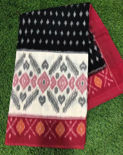 Black Red Mulmul Batik Sarees - Dailybuyys