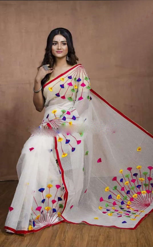 White Applique Design Pure Soft Cotton Handloom Saree - Dailybuyys