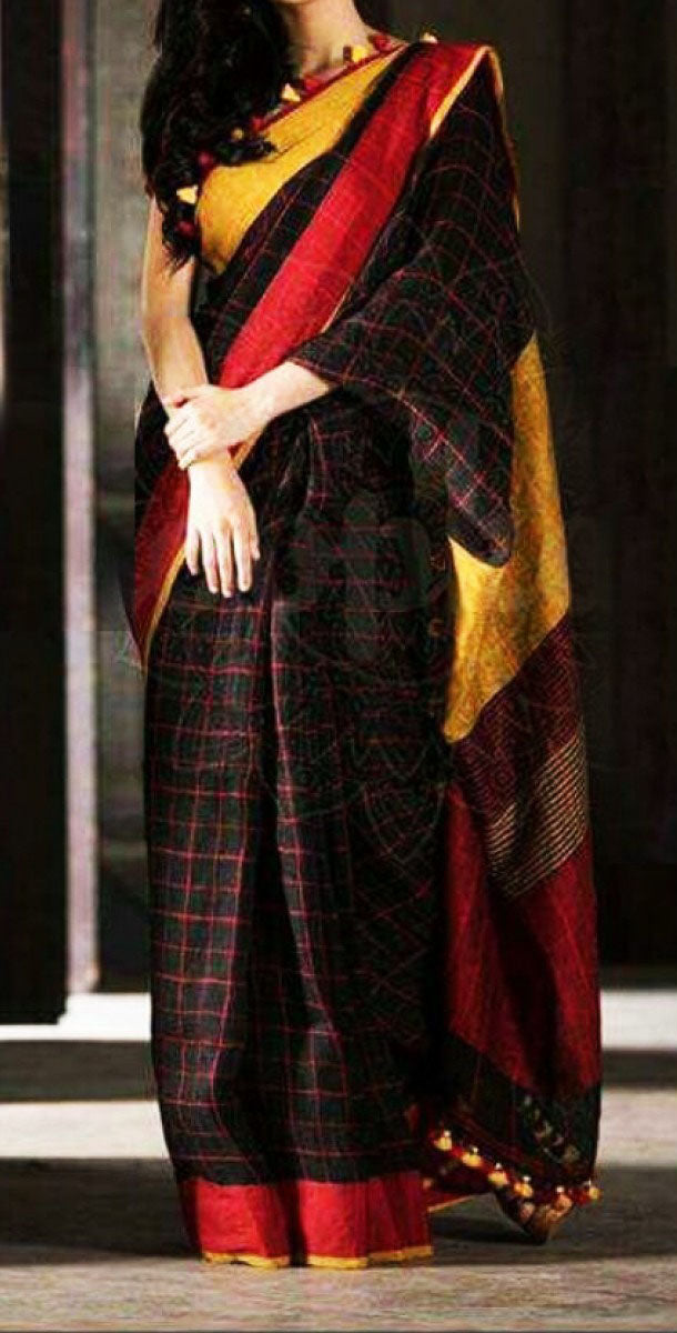 Black Soft Pure Linen Sarees - Dailybuyys