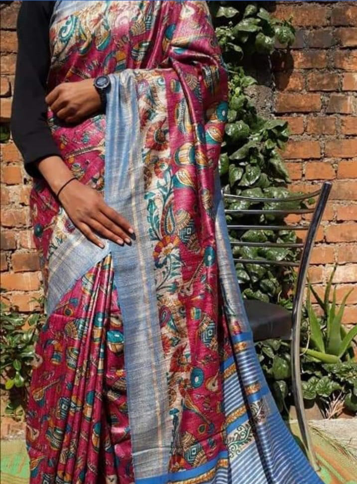 Red Handpaint Pure Silk Mark Certified Tussar Ghicha Silk Sarees - Dailybuyys