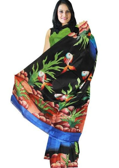 Black Hand Printed Plain Pure Silk Mark Certified Tussar Silk Sarees - Dailybuyys