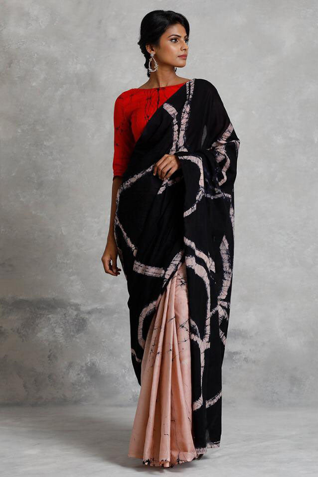 Peach and Black Pure Mulmul Handloom Batik Sarees - Dailybuyys