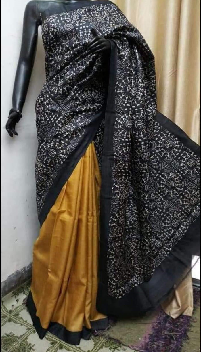 Black Yellow Block Printed Pure Silk Mark Certified Bishnupuri Silk Sarees - Dailybuyys