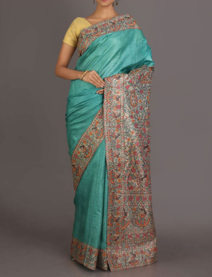 Green Pure Silk Mark Certified Tussar Silk Madhubani Sarees - Dailybuyys