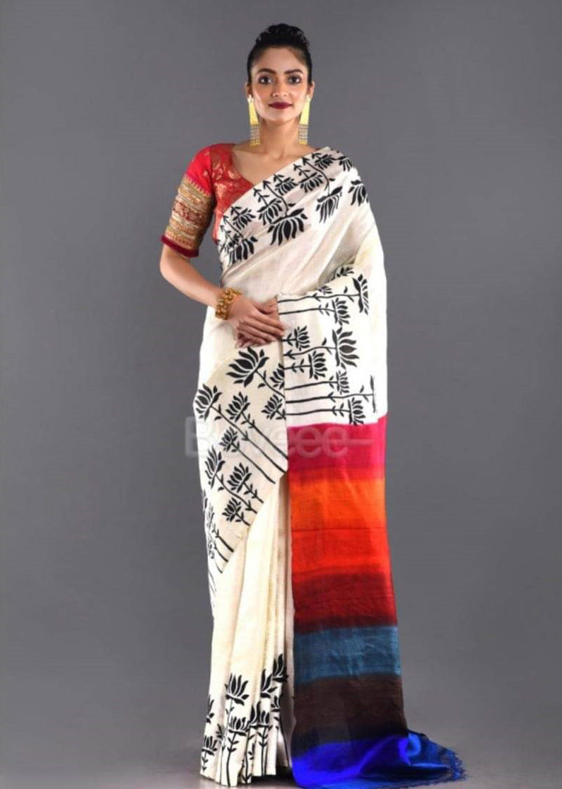 Beige Hand Painted Plain Pure Silk Mark Certified Tussar Silk Sarees - Dailybuyys