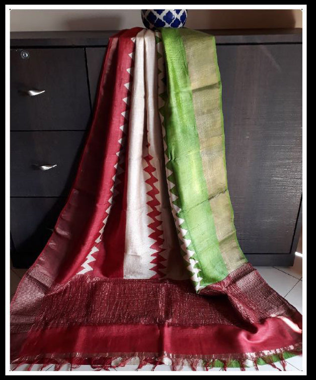 Red Green Zari Glamour Zari Border Pure Silk Mark Certified Tussar Silk Sarees - Dailybuyys